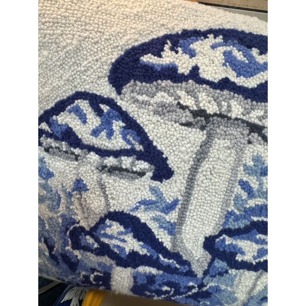 Peking Handicraft "Blue Chinoiserie Mushroom" Hooked Wool Pillow – 18"x18 - Picture 2 of 3